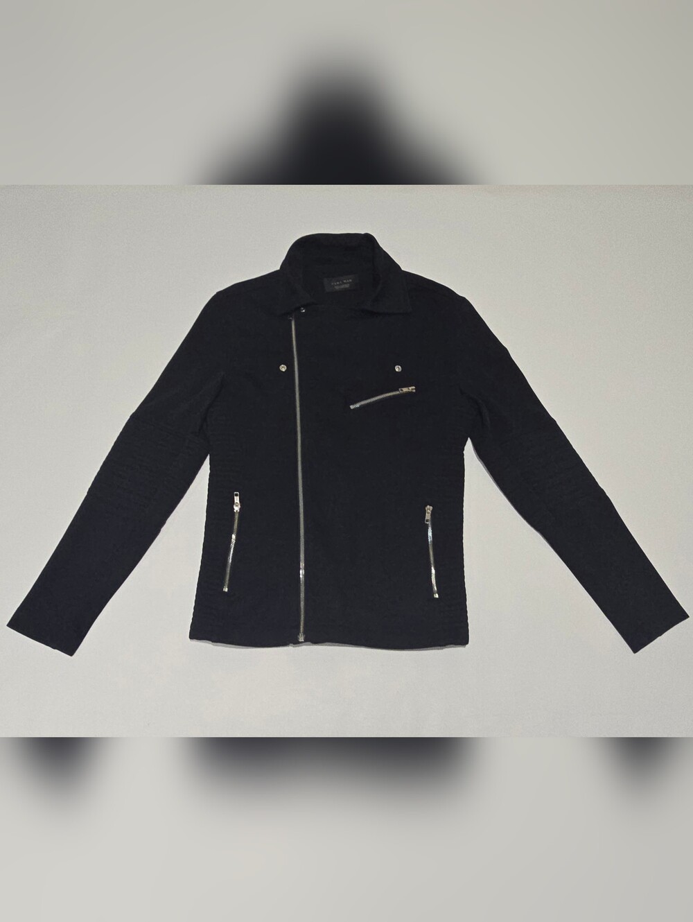 Zara Navy Blue Moto/Biker-Style Jacket with Silver Zip Quilted Sleeve M
